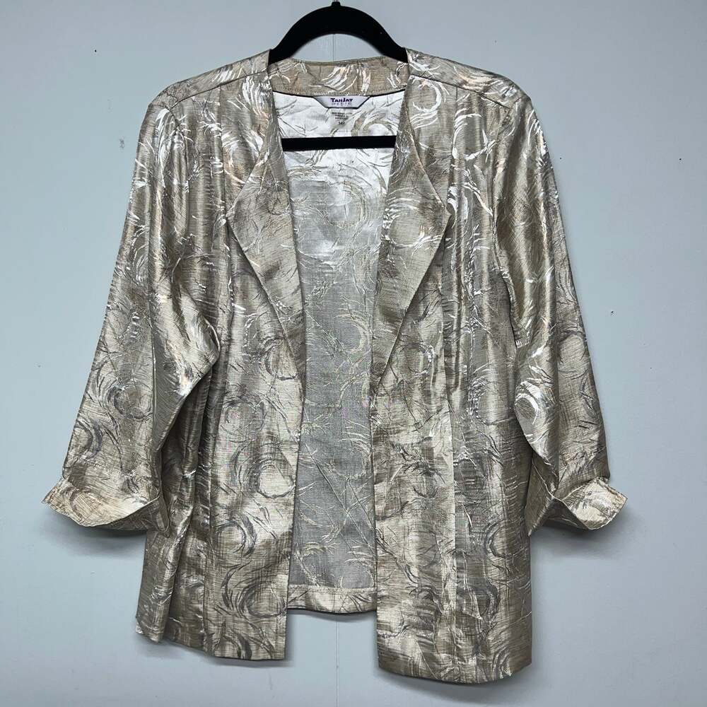 Tan Jay Vintage Floral Gold Open Front Blazer Womens 14 Petite Party Cocktail